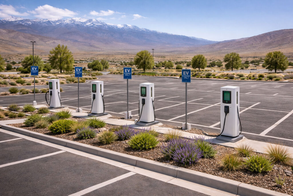 EV charging stations in a commercial parking lot