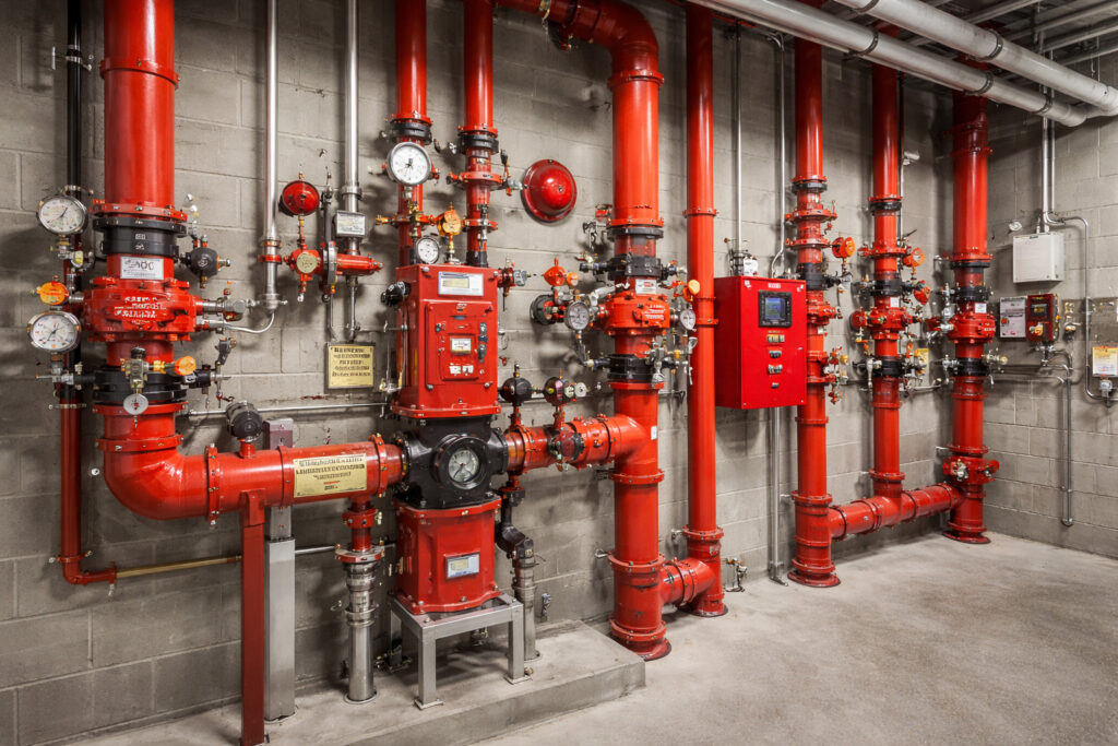 fire sprinkler system in a utility room