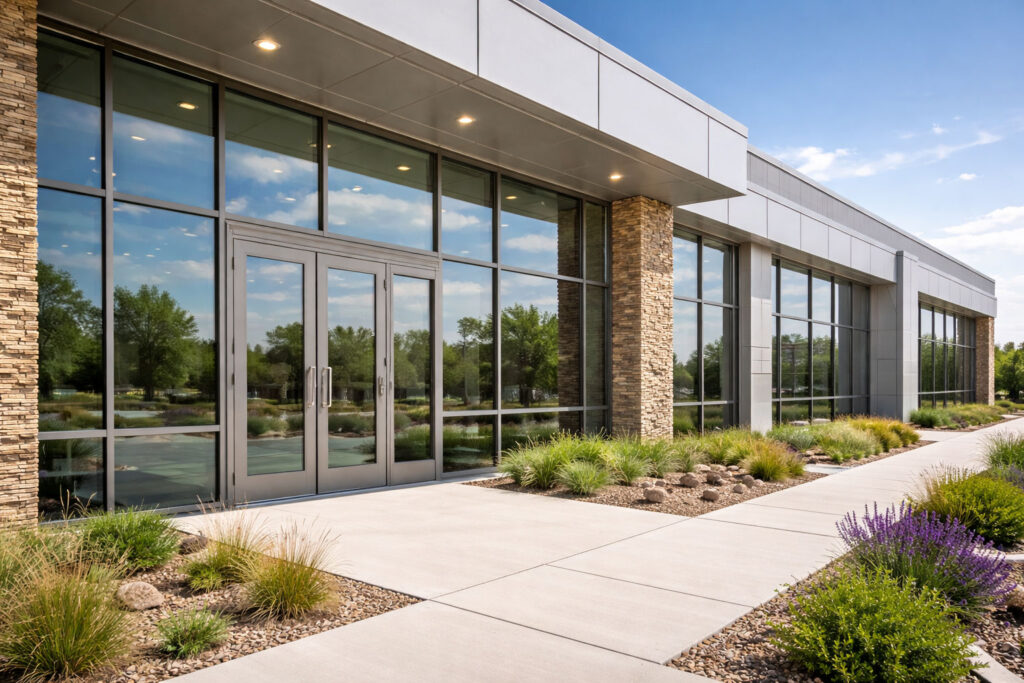 modern commercial building with energy efficient windows and doors