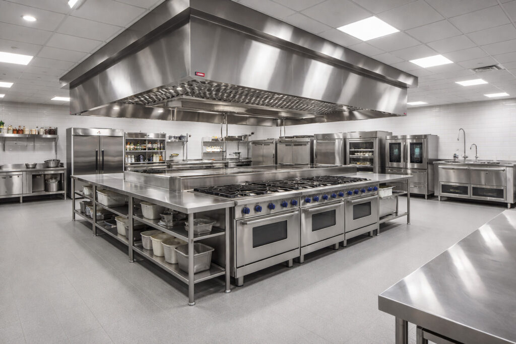 commercial kitchen with stainless steel appliances