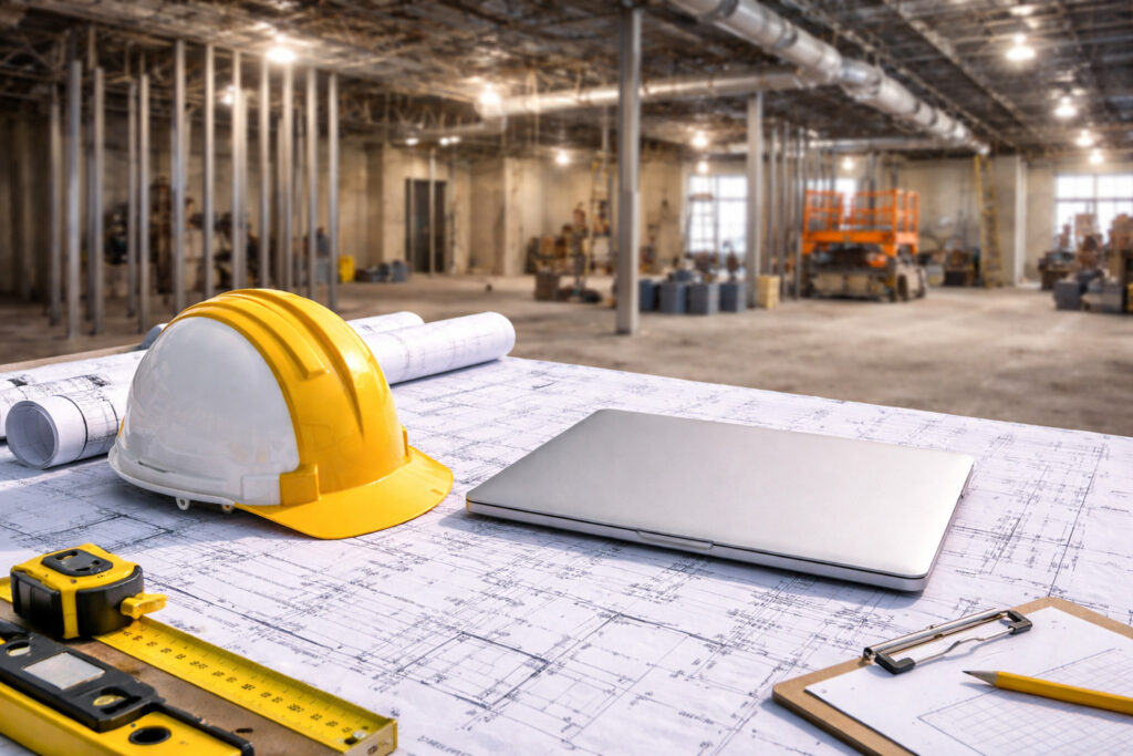 Construction equipment. Home and Building construction , laptop on drawing and safety hardhat at construction site