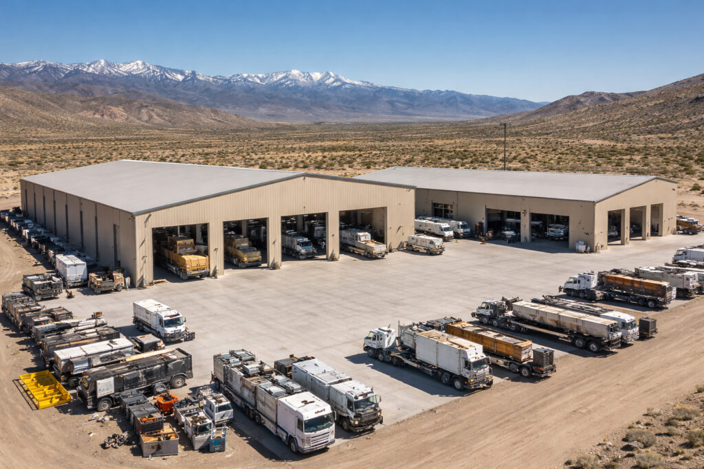 aerial shot of vehicle warehouses for mining support services