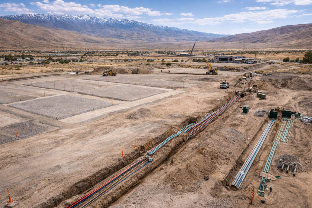 Commercial construction site with utility trenches