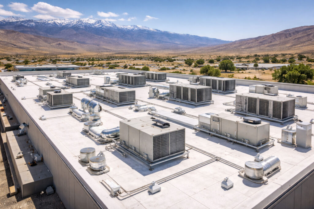 Commercial building roof with HVAC system units visible.