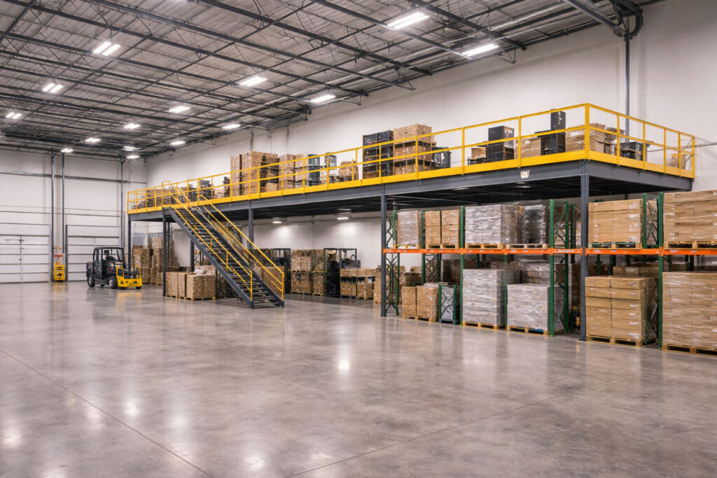 warehouse interior with a mezzanine buildout
