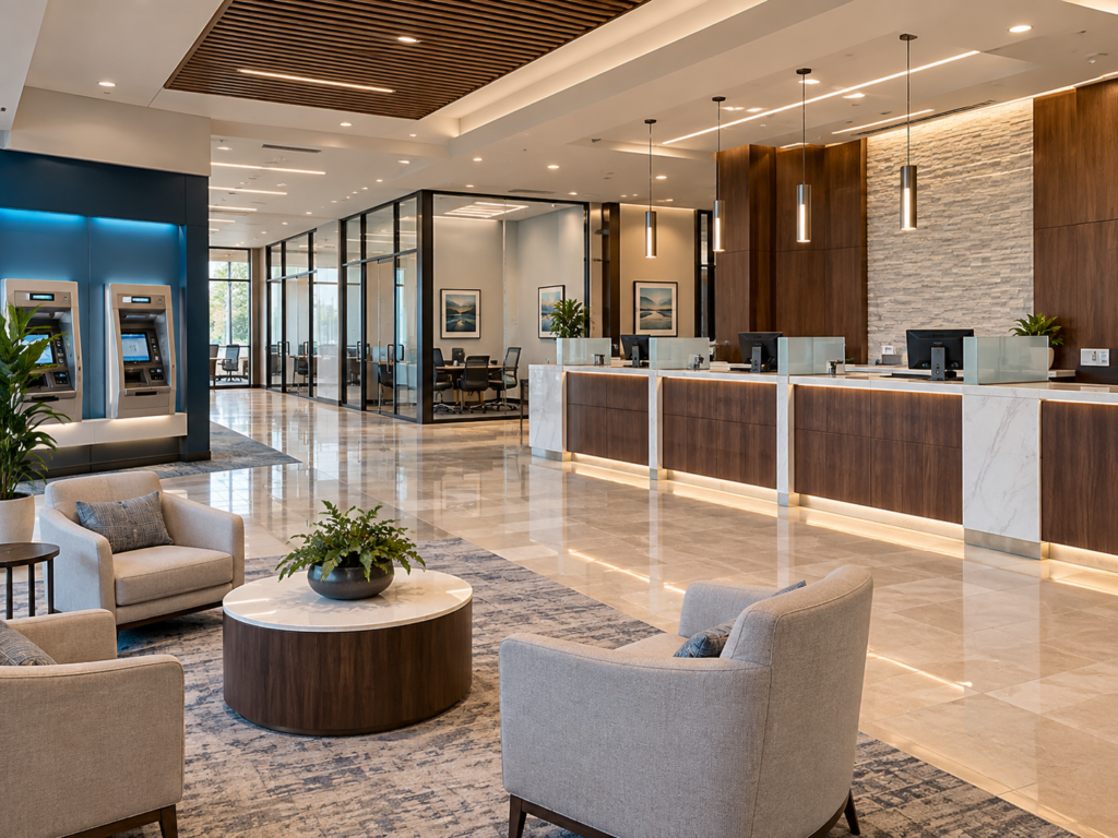 Modern bank lobby with warm wood accents