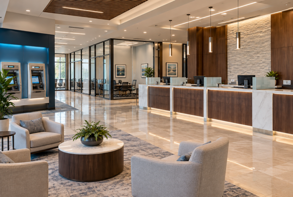 Modern bank lobby with warm wood accents