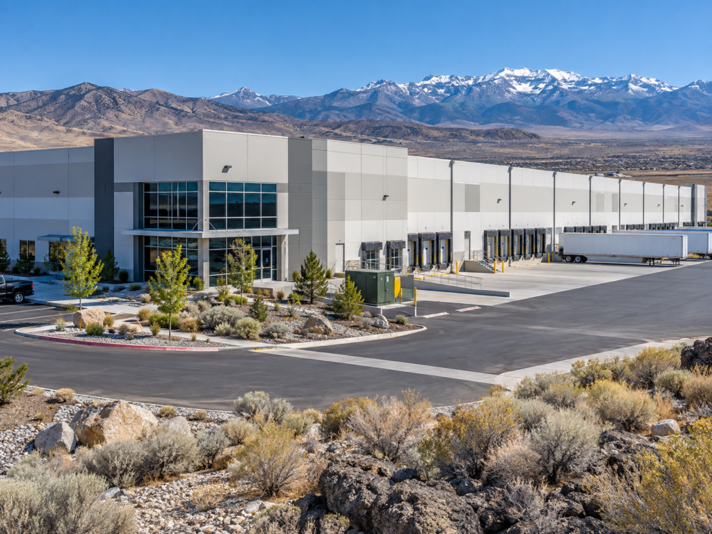 Modern Warehouse Against Snowy Mountains